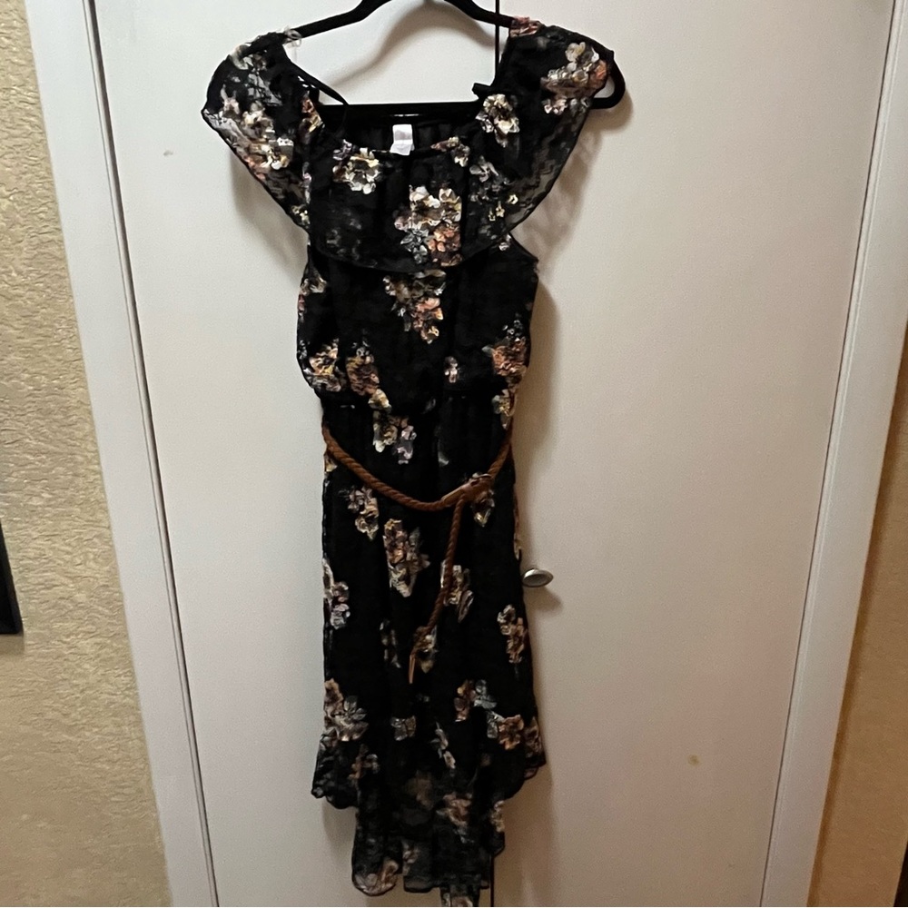 No Boundaries Black and Tan Ruffled Midi Dress with Tan Belt